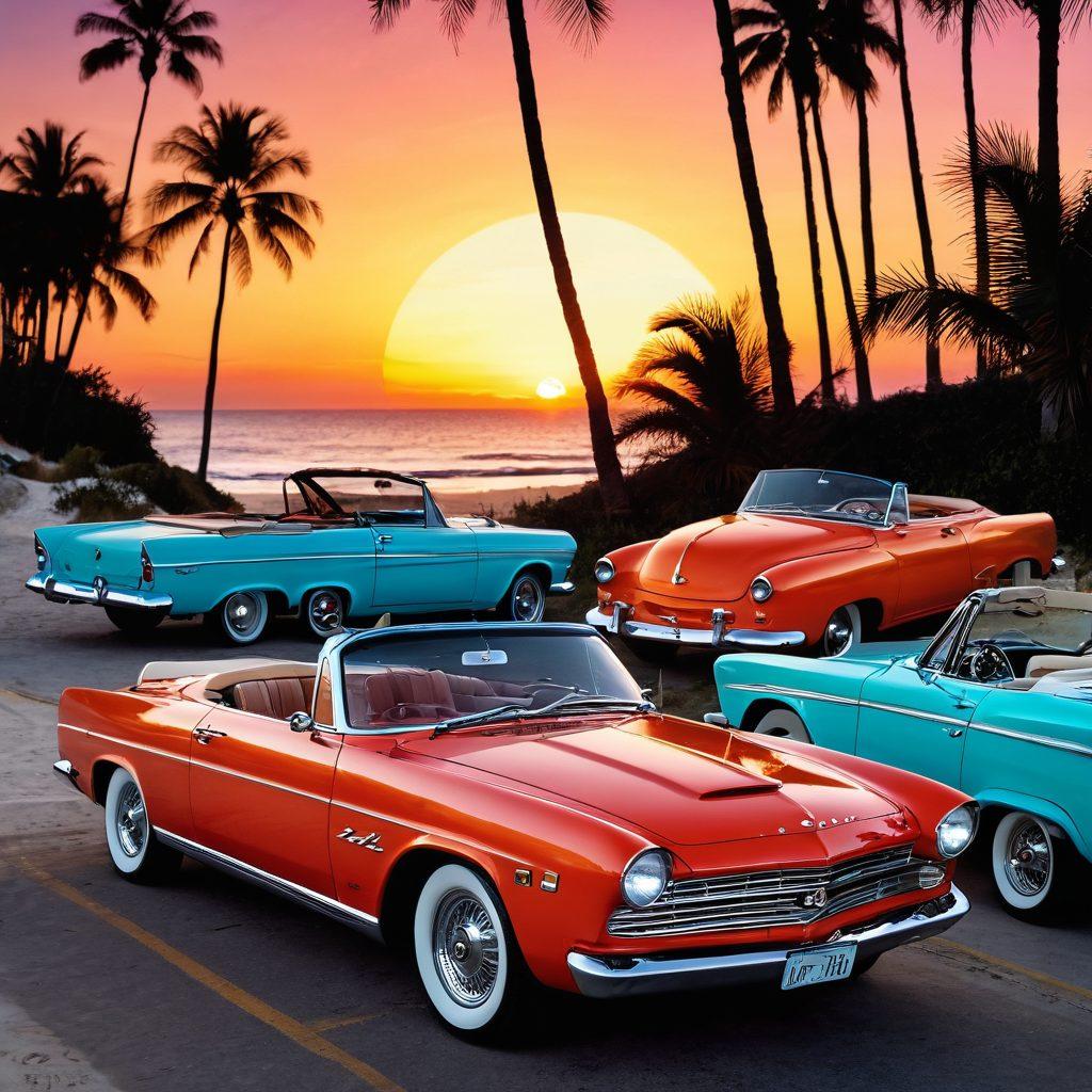 A vibrant scene depicting a stylish beach setting with classic cars parked along the shore. Models in fashionable swimwear showcase a fusion of car culture and beach vibes, with a surfboard leaning against a retro convertible. The sun sets in the background, casting a warm glow, while palm trees sway gently. The overall mood emphasizes summer fun and the connection between automotive and fashion trends. super-realistic. vibrant colors. sunset background.